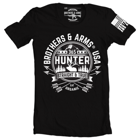 brothers & arms usa 365 hunter straight & true eat organic black tshirt sunrise mountains black & white arrows archery bow hunting forest