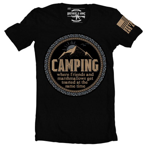 Brothers & Arms USA camping black t-shirt where friends and marshmallows get toasted at the same time 
