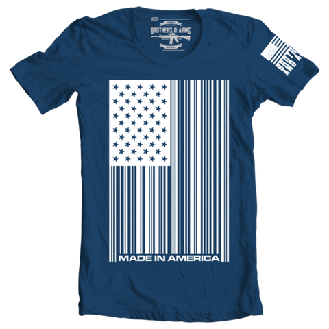 barcode flag made in America navy tshirt