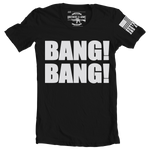 Bang! bang! brothers and arms USA black graphic t-shirt with white lettering b&a flag on sleeve
