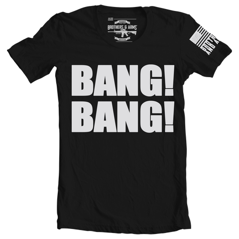 Bang! bang! brothers and arms USA black graphic t-shirt with white lettering b&a flag on sleeve