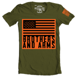 Brothers & Arms USA black gun logo flag on high viz orange flag on military green tshirt pistol b&a brothers and arms made in America 2nd amendment 2A