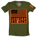 Brothers & Arms USA black gun logo flag on high viz orange flag on military green tshirt pistol b&a brothers and arms made in America 2nd amendment 2A
