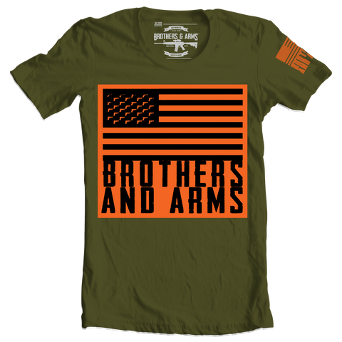 Brothers & Arms USA black gun logo flag on high viz orange flag on military green tshirt pistol b&a brothers and arms made in America 2nd amendment 2A