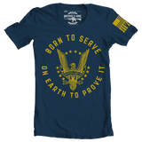 Brothers and Arms USA Born to serve, on earth to prove it navy blue yellow graphic t-shirt
