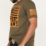 Brothers & Arms USA black gun logo flag on high viz orange flag on military green tshirt pistol b&a brothers and arms made in America 2nd amendment 2A