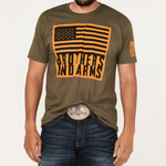 Brothers & Arms USA black gun logo flag on high viz orange flag on military green tshirt pistol b&a brothers and arms made in America 2nd amendment 2A