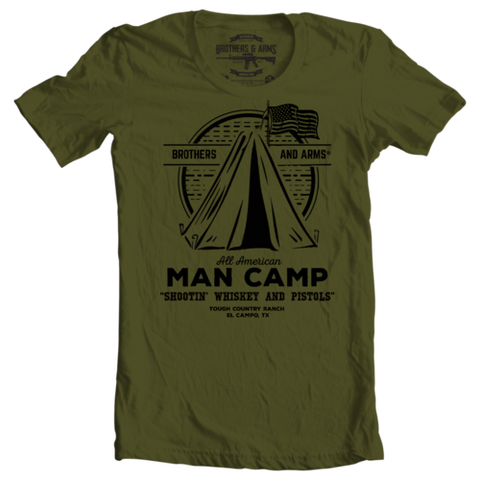 Brothers & Arms USA Military Green Man Camp t-shirt shootin' whiskey and pistols All American
